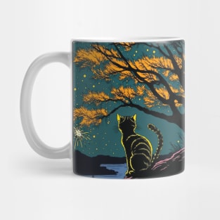 Tabby Cat Watching Fireworks over a Lake Mug